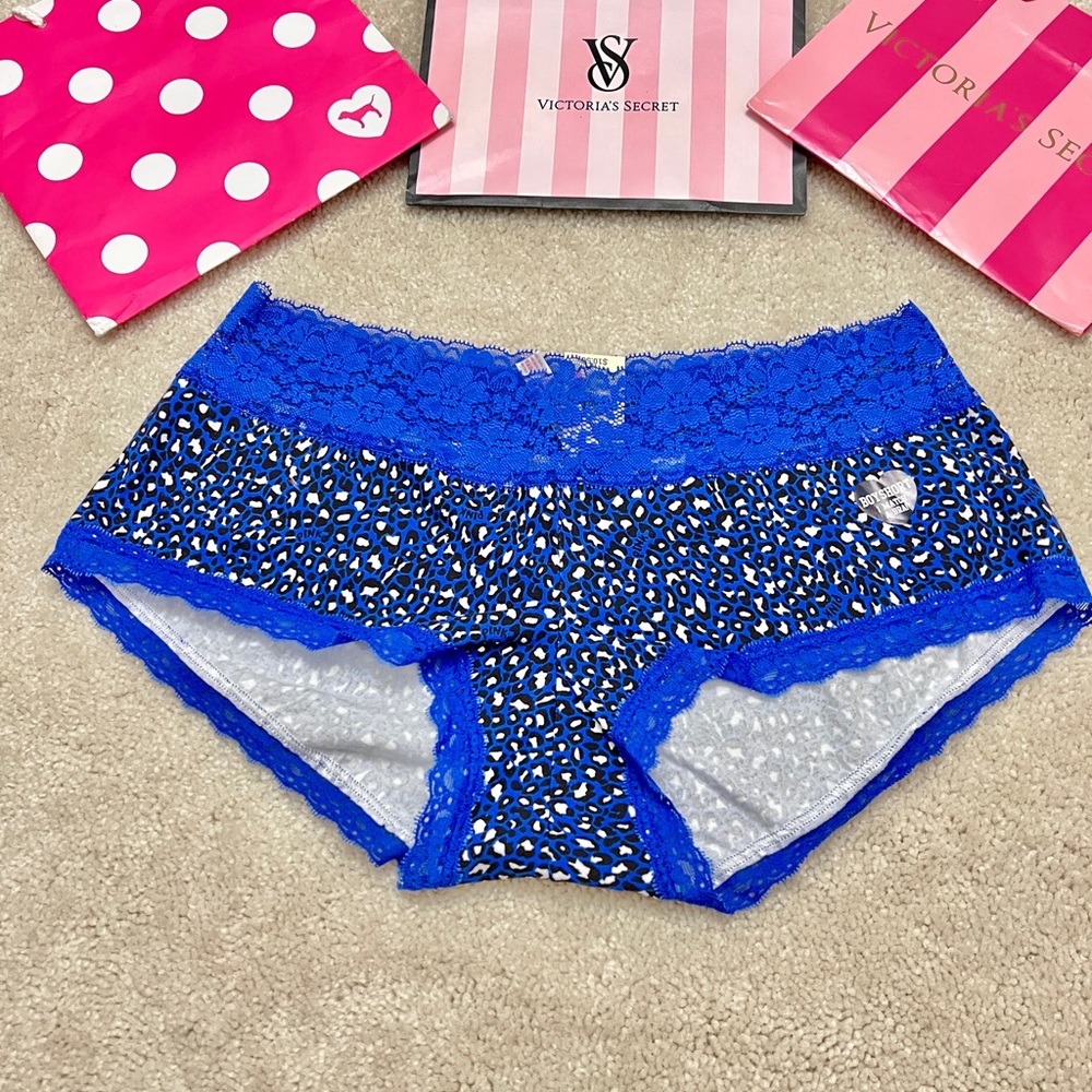 NWT VICTORIA'S SECRET PINK BLUE LEOPARD LACE TRIM BOYSHORT PANTIES VS MEDIUM M